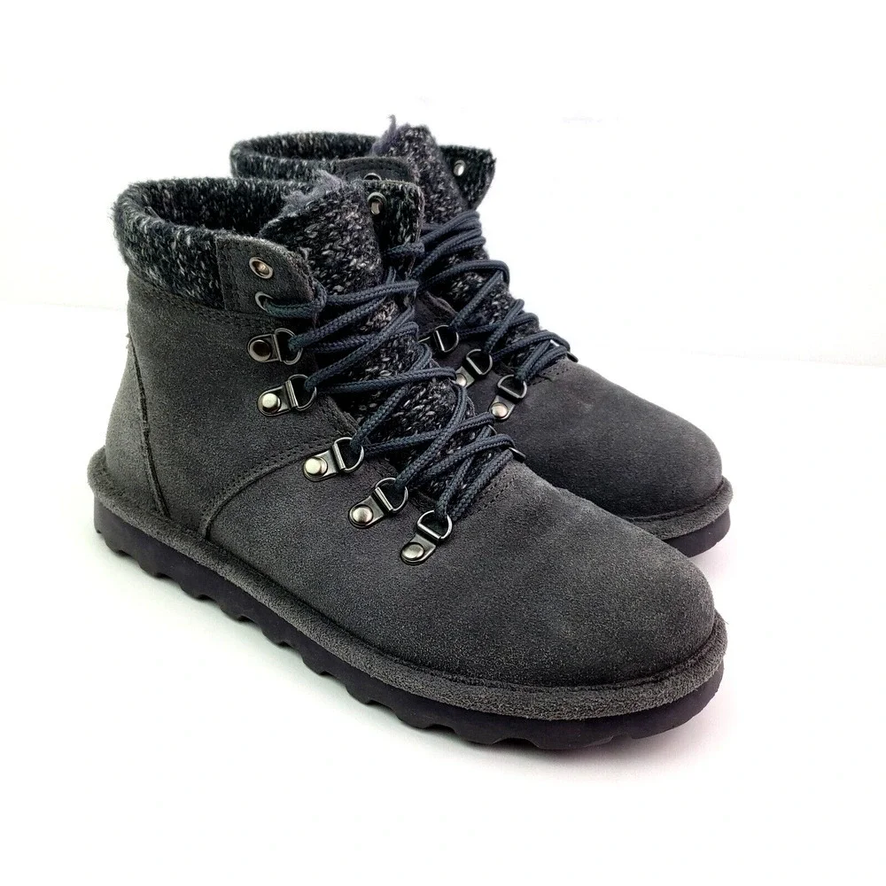 BearPaw Marie Womens Size 8 Gray Suede Wool Sheepskin Ankle Booties Boots 2198W